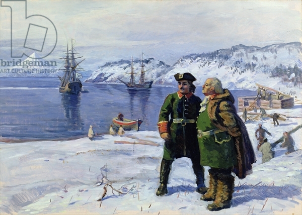 BAL351656 Vitus Bering and Alexei Chirikov in Petropavlovsk, 1989 (oil on cardboard) by Pshenichny, Igor Pavlovich (b.1938); State Central Navy Museum, St. Petersburg; (add.info.: Vitus Bering (1681-1741) was a Danish navigator in the service of the Russian Navy; Aleksei Ilyich Chirikov (1703-48) was a Russian navigator and deputy to Vitus Bering during the Great Northern Expedition; Second Kamchatka Expedition;); Russian, in copyright PLEASE NOTE: This image is protected by the artist's copyright which needs to be cleared by you. If you require assistance in clearing permission we will be pleased to help you.